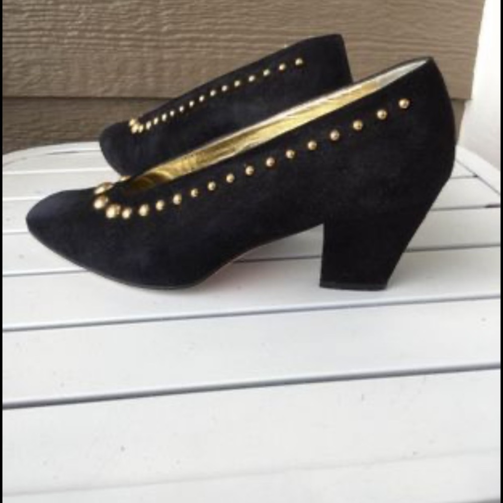 Vintage ESCADA BLACK VELVET GOLD STUDDED HEELS SIZE 6.5B - Picture 5 of 8